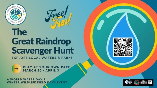 The great raindrop scavenger hunt advertisment with magnifying glass showing raindrop and a QR code on top